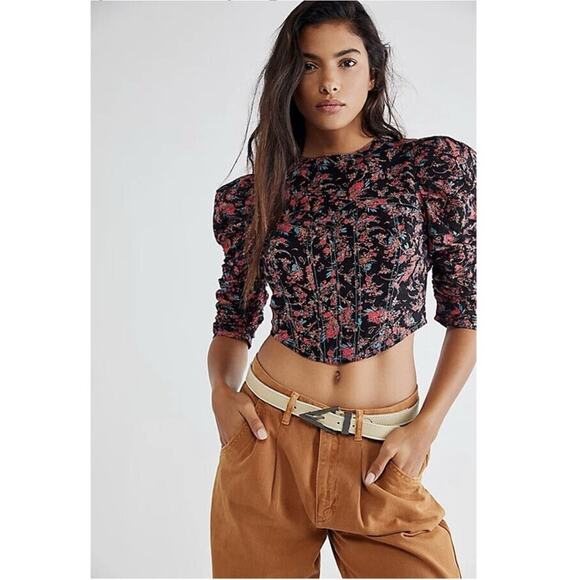 Free People WOMENS Monica Floral Corset Top Cropped Backless NWOT Black Red XS - Picture 2 of 13